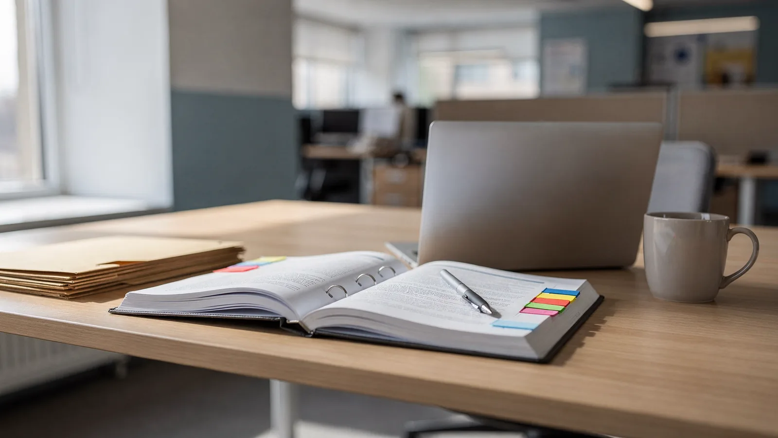 Un cahier de politiques ouvert et annoté sur un bureau, à côté d'un ordinateur portable fermé